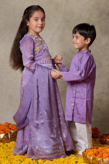 Buy_Vivedkids_Purple Cotton Embroidery Stand Collared Kurta With Pant _Online_at_Aza_Fashions