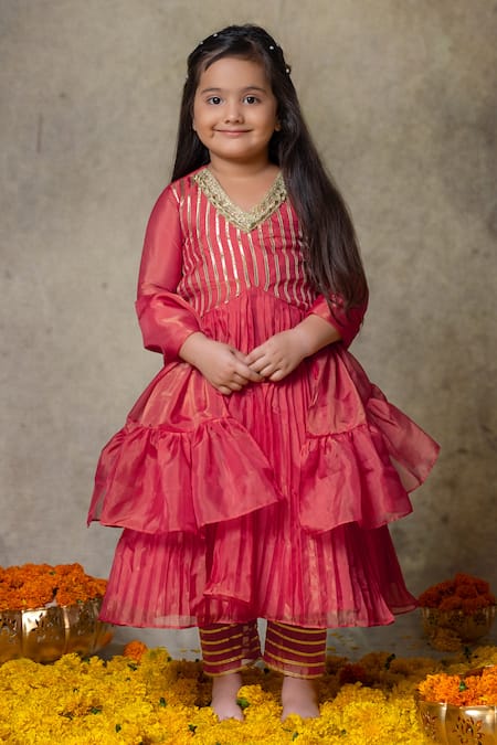 Vivedkids Pink Tissue Embroidery Gota Anarkali Pant Set 