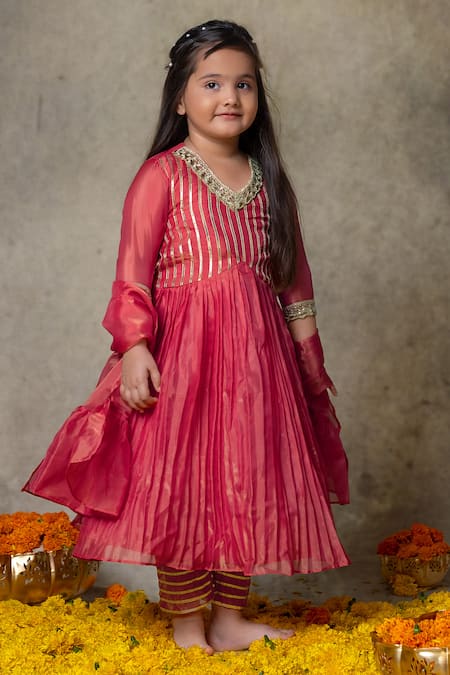 Shop_Vivedkids_Pink Tissue Gota Patti Embroidered Anarkali Pant Set _at_Aza_Fashions