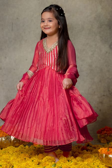 Vivedkids_Pink Tissue Gota Patti Embroidered Anarkali Pant Set _Online_at_Aza_Fashions