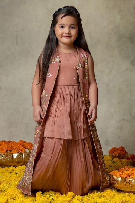 Shop Vivedkids Pink Tissue, Chiffon, Silk Embroidery Floral Jacket Lehenga Set at Aza Fashions Shop_Vivedkids_Pink Tissue, Chiffon, Silk Embroidery Floral Jacket Lehenga Set _at_Aza_Fashions