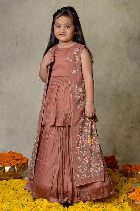 Vivedkids Pink Tissue, Chiffon, Silk Embroidery Floral Jacket Lehenga Set Online at Aza Fashions Vivedkids_Pink Tissue, Chiffon, Silk Embroidery Floral Jacket Lehenga Set _Online_at_Aza_Fashions