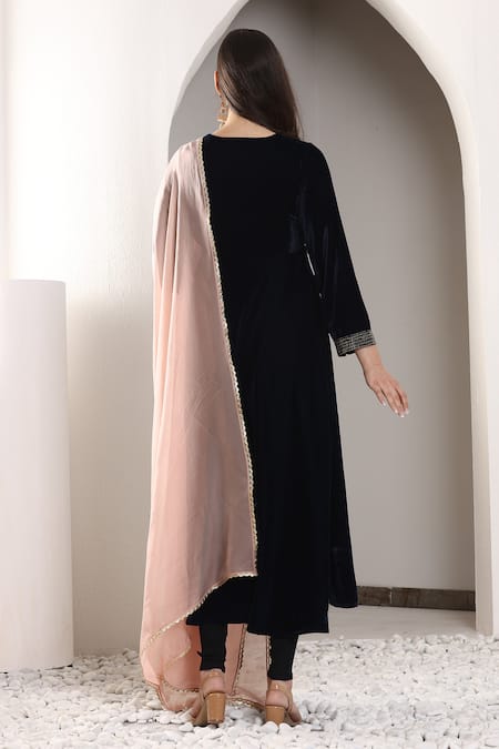 House Of TA-YA_Blue Velvet, Organza, Cotton Sequins, Cut Hand Embroidered Anarkali Churidar Set _Online_at_Aza_Fashions