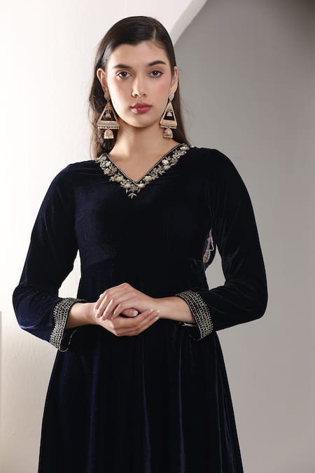 Buy_House Of TA-YA_Blue Velvet, Organza, Cotton Sequins, Cut Hand Embroidered Anarkali Churidar Set _Online_at_Aza_Fashions