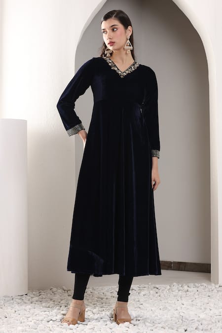 Shop_House Of TA-YA_Blue Velvet, Organza, Cotton Sequins, Cut Hand Embroidered Anarkali Churidar Set _Online_at_Aza_Fashions