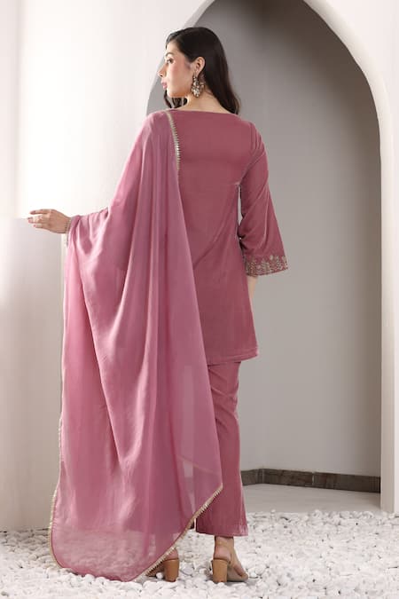 House Of TA-YA_Pink Velvet, Organza Embroidery, Cut Work Boat Neck Hand Kurta Pant Set _Online_at_Aza_Fashions
