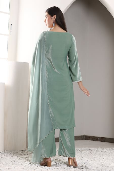 House Of TA-YA_Green Velvet, Organza Beads, Sequins Collared Embroidered Kurta Pant Set _Online_at_Aza_Fashions