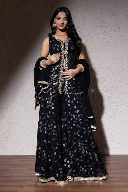 MeenaGurnam Black Net Hand Embroidered Cut Dana V Neck Floral Sequin Kurta Sharara Set 