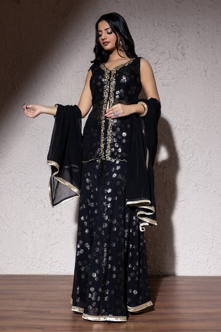Meenagurnam Black Net, Georgette Sequins, Beads V-neck Floral Embroidered Kurta Sharara Set Online at Aza Fashions Meenagurnam_Black Net, Georgette Sequins, Beads V-neck Floral Embroidered Kurta Sharara Set _Online_at_Aza_Fashions