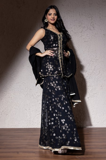 Buy Meenagurnam Black Net, Georgette Sequins, Beads V-neck Floral Embroidered Kurta Sharara Set Online at Aza Fashions Buy_Meenagurnam_Black Net, Georgette Sequins, Beads V-neck Floral Embroidered Kurta Sharara Set _Online_at_Aza_Fashions