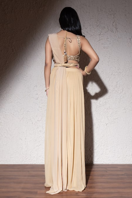 Meenagurnam Sequin Embroidered Blouse & Pre-Draped Saree Set 