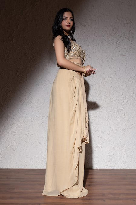 Buy Meenagurnam Gold Power Lycra Hand Embroidered Cut Dana Sequin Blouse And Pre-draped Saree Set Online at Aza Fashions Buy_Meenagurnam_Gold Power Lycra Hand Embroidered Cut Dana Sequin Blouse And Pre-draped Saree Set _Online_at_Aza_Fashions