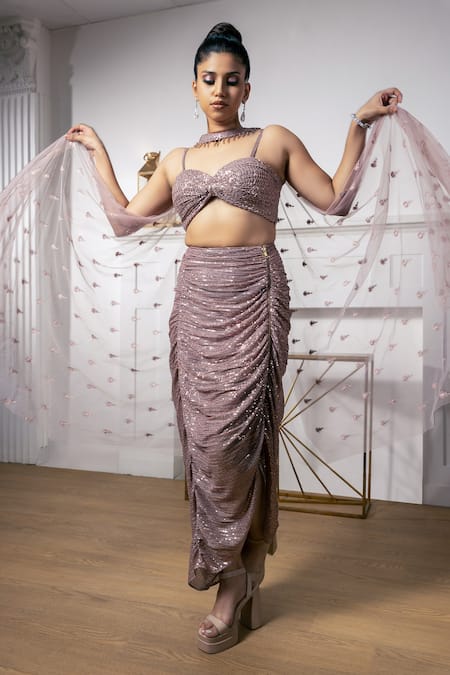 MeenaGurnam Rose Gold Net Hand Embroidered Sequin And Crystal Work Sweetheart Draped Skirt Set