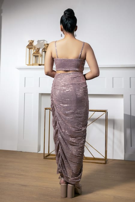 Meenagurnam Rose Gold Net Sequins, Crystals Sweetheart Neck Embroidered Draped Skirt Set Online at Aza Fashions Meenagurnam_Rose Gold Net Sequins, Crystals Sweetheart Neck Embroidered Draped Skirt Set _Online_at_Aza_Fashions