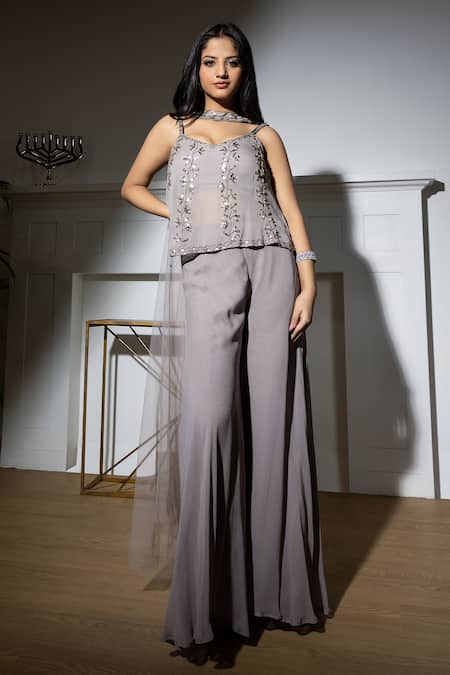 Shop_Meenagurnam_Grey Net Hand Embroidered Dabka Sweetheart Neck Floral Top Sharara Set _Online_at_Aza_Fashions