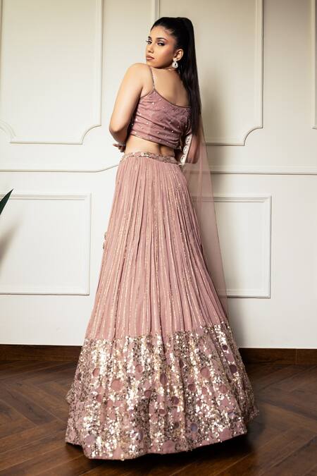 Shop Meenagurnam Rose Gold Net, Georgette Sequins, Beads Round Embroidered Pleated Lehenga Set at Aza Fashions Shop_Meenagurnam_Rose Gold Net, Georgette Sequins, Beads Round Embroidered Pleated Lehenga Set_at_Aza_Fashions