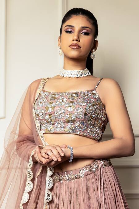 Meenagurnam Rose Gold Net, Georgette Sequins, Beads Round Embroidered Pleated Lehenga Set Online at Aza Fashions Meenagurnam_Rose Gold Net, Georgette Sequins, Beads Round Embroidered Pleated Lehenga Set_Online_at_Aza_Fashions