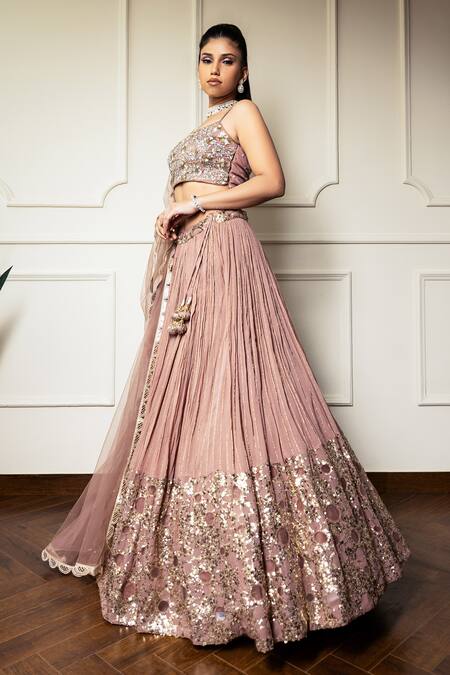 Buy Meenagurnam Rose Gold Net, Georgette Sequins, Beads Round Embroidered Pleated Lehenga Set Online at Aza Fashions Buy_Meenagurnam_Rose Gold Net, Georgette Sequins, Beads Round Embroidered Pleated Lehenga Set_Online_at_Aza_Fashions