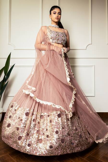 Shop Meenagurnam Rose Gold Net, Georgette Sequins, Beads Round Embroidered Pleated Lehenga Set Online at Aza Fashions Shop_Meenagurnam_Rose Gold Net, Georgette Sequins, Beads Round Embroidered Pleated Lehenga Set_Online_at_Aza_Fashions