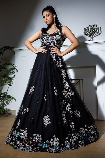 Buy_Meenagurnam_Black Net Sequins V-neck Embroidered Flared Gown _Online_at_Aza_Fashions
