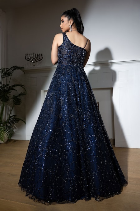 Meenagurnam_Blue Net Beads, Sequins Asymmetric Crystal Fringed Gown _Online_at_Aza_Fashions