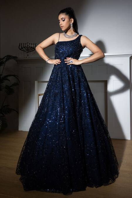 Buy_Meenagurnam_Blue Net Beads, Sequins Asymmetric Crystal Fringed Gown _Online_at_Aza_Fashions