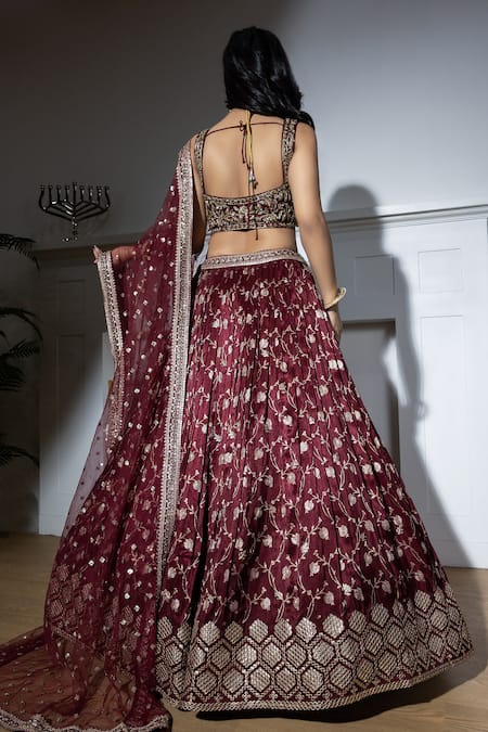 Meenagurnam_Maroon Jacquard, Net Sequins, Diamonds, Embroidery, Zari Bridal Lehenga Set _Online_at_Aza_Fashions