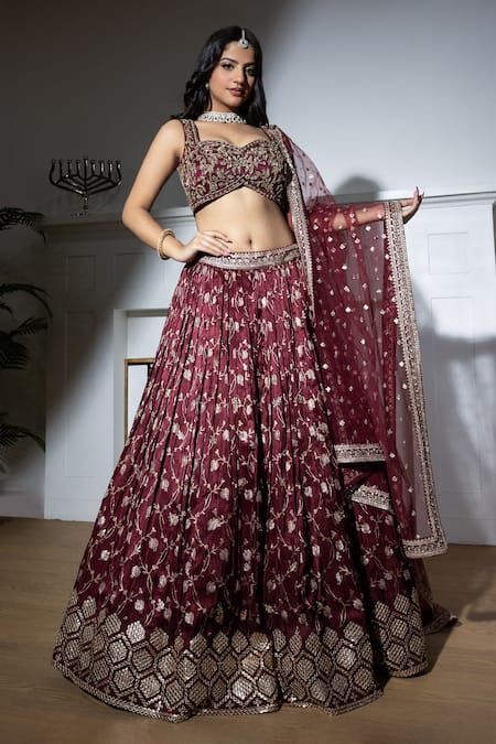 Buy_Meenagurnam_Maroon Jacquard, Net Sequins, Diamonds, Embroidery, Zari Bridal Lehenga Set _Online_at_Aza_Fashions