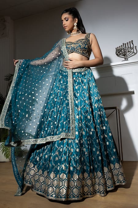 Shop Meenagurnam Blue Jacquard, Net Sequins, Cut Work, Zari, Floral Jaal Bridal Lehenga Set Online at Aza Fashions Shop_Meenagurnam_Blue Jacquard, Net Sequins, Cut Work, Zari, Floral Jaal Bridal Lehenga Set _Online_at_Aza_Fashions