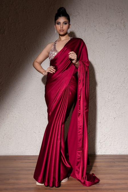 MeenaGurnam Maroon Armani Satin Embroidered Pearl Plunged V Saree With Mirror Blouse 