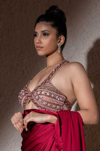 Buy_Meenagurnam_Maroon Armani Satin Embroidered Pearl Plunged V Saree With Mirror Blouse_Online_at_Aza_Fashions