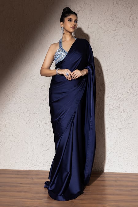 Meenagurnam_Blue Armani Satin Embroidered Pearl Plunged V Saree With Sequin Blouse_Online_at_Aza_Fashions