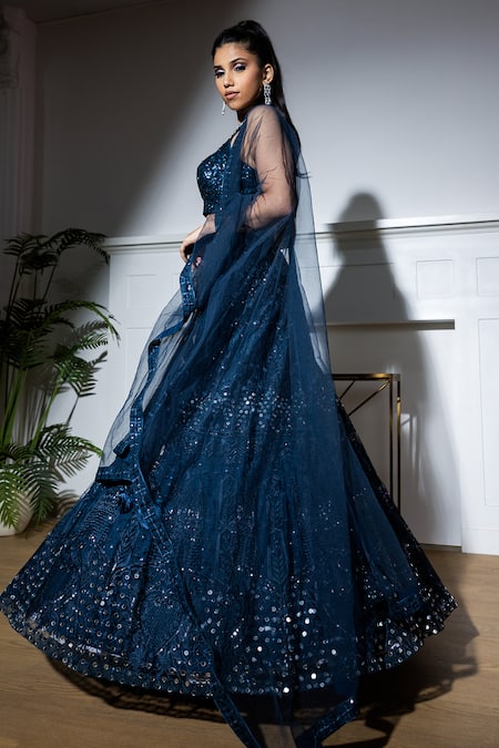 Buy_Meenagurnam_Blue Net Sequins, Beads, Embroidery Sweetheart Neck Jharokha Lehenga Set _Online_at_Aza_Fashions