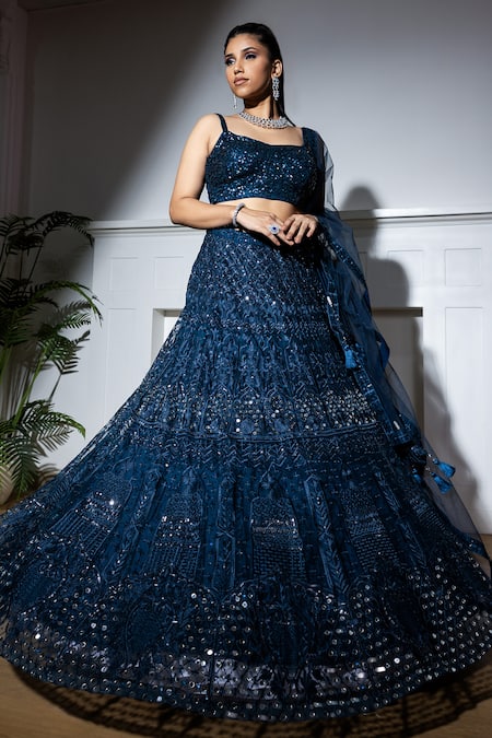 Shop_Meenagurnam_Blue Net Sequins, Beads, Embroidery Sweetheart Neck Jharokha Lehenga Set _Online_at_Aza_Fashions