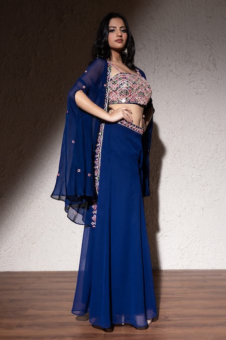 Buy_Meenagurnam_Blue Georgette Embroidery Square Neck Diamond Jacket Sharara Set _Online_at_Aza_Fashions