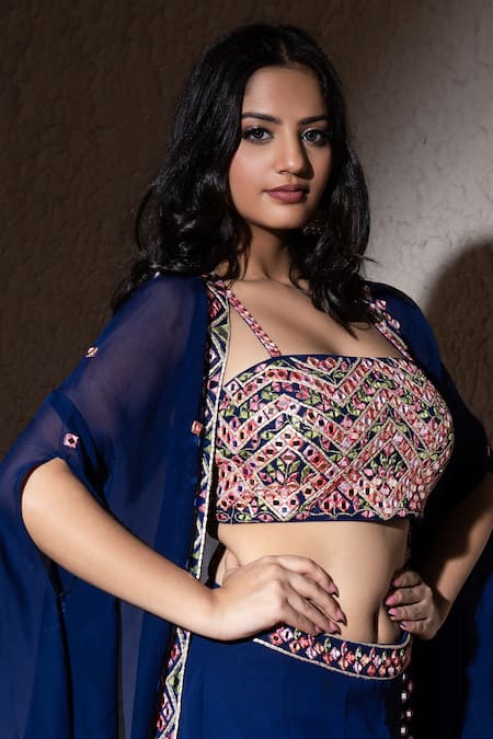 Shop_Meenagurnam_Blue Georgette Embroidery Square Neck Diamond Jacket Sharara Set _Online_at_Aza_Fashions