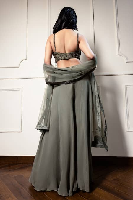 Shop_Meenagurnam_Green Net, Georgette Embroidery, Beads, Sequins Dabka And Blouse Sharara Set _at_Aza_Fashions