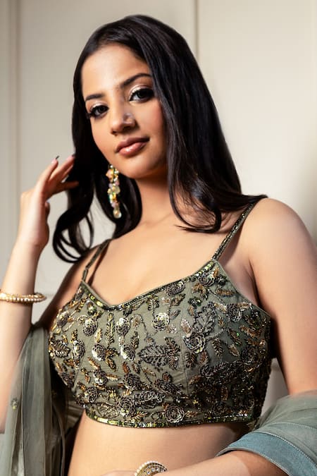 Buy_Meenagurnam_Green Net, Georgette Embroidery, Beads, Sequins Dabka And Blouse Sharara Set _Online_at_Aza_Fashions