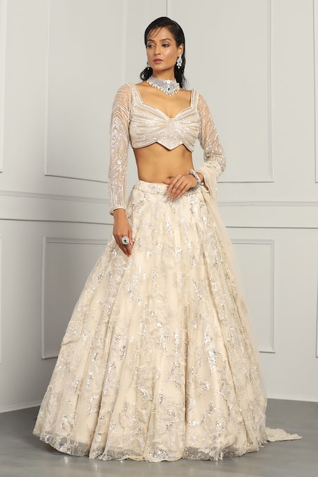 Meenagurnam_Ivory Net Sequins, Cut Work, Beads Floral Embroidered Bridal Lehenga Set _Online_at_Aza_Fashions