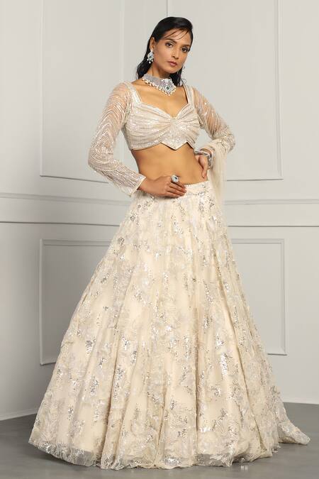 Buy_Meenagurnam_Ivory Net Sequins, Cut Work, Beads Floral Embroidered Bridal Lehenga Set _Online_at_Aza_Fashions