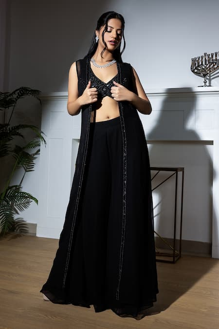 Shop_Meenagurnam_Black Net, Georgette Mirrors, Sequins, Placement Embroidered Cape Sharara Set _at_Aza_Fashions