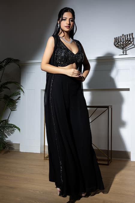 Meenagurnam_Black Net, Georgette Mirrors, Sequins, Placement Embroidered Cape Sharara Set _Online_at_Aza_Fashions