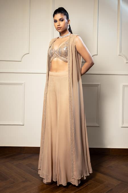Buy_Meenagurnam_Beige Net, Georgette Sequins, Beads, Mirrors, Placement Cape Sharara Set _Online_at_Aza_Fashions