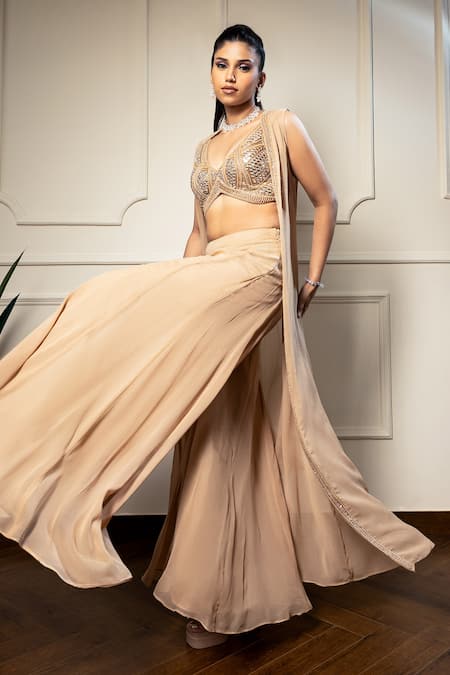 Shop_Meenagurnam_Beige Net, Georgette Sequins, Beads, Mirrors, Placement Cape Sharara Set _Online_at_Aza_Fashions