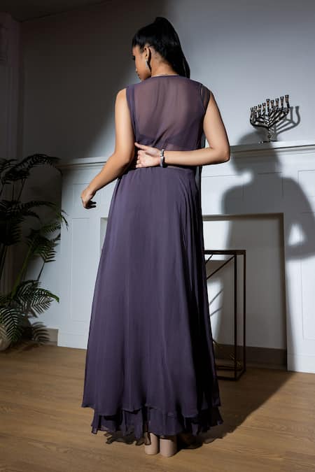 Meenagurnam_Grey Net, Georgette Sequins, Placement Tonal Beads Embroidered Cape Sharara Set _Online_at_Aza_Fashions