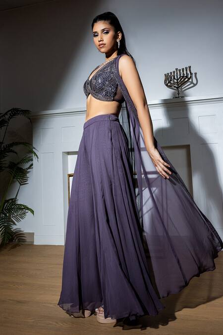 Buy_Meenagurnam_Grey Net, Georgette Sequins, Placement Tonal Beads Embroidered Cape Sharara Set _Online_at_Aza_Fashions