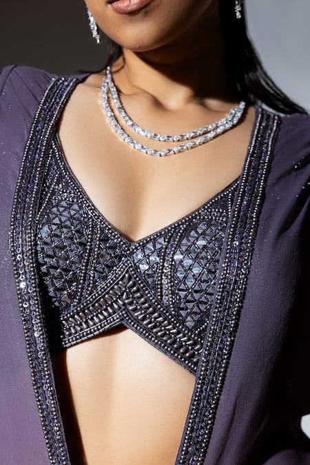 Shop_Meenagurnam_Grey Net, Georgette Sequins, Placement Tonal Beads Embroidered Cape Sharara Set _Online_at_Aza_Fashions