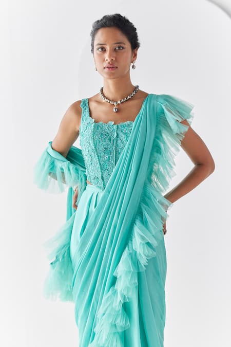 Mishru_Blue Chiffon, Tulle Sequins, Beads, Fiji Pre-draped Ruffled Saree With Blouse _Online_at_Aza_Fashions