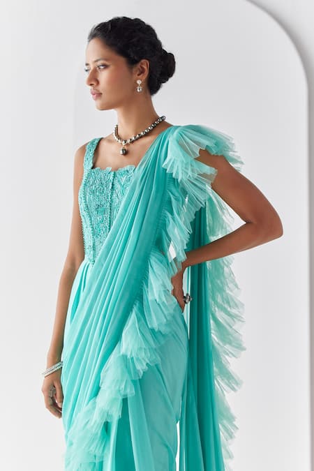 Buy_Mishru_Blue Chiffon, Tulle Sequins, Beads, Fiji Pre-draped Ruffled Saree With Blouse _Online_at_Aza_Fashions