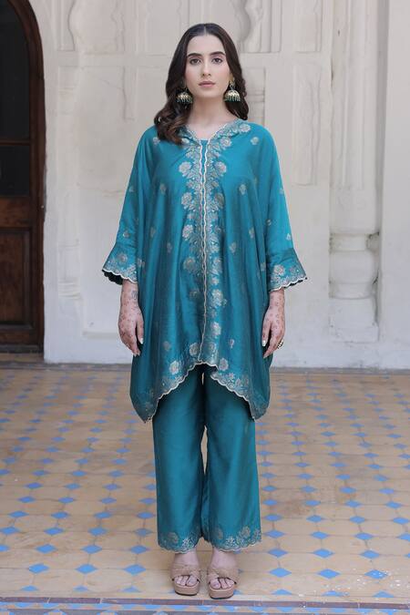 Buy_Safaa_Blue Velvet Embroidery Scoop Neck Idris Gardenia Woven Kaftan With Pant _Online_at_Aza_Fashions